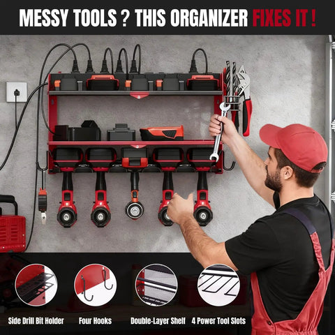 Man organizing tools on All In One Wall Mounted Power Tool Organizer With Built In Eight Outlet Charging Station Three Layer Heavy Duty Drill Holder Rack And Power Strip For Your Garage Workshop Storage in garage.
