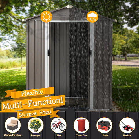 5x3 Foot Outdoor Storage Shed With Window And Lockable Door Waterproof Weather Resistant Tool Shed For Garden Backyard And Patio Dark Gray Heavy Duty Metal Storage For Tools Lawn Gear Bikes And More in a garden setting