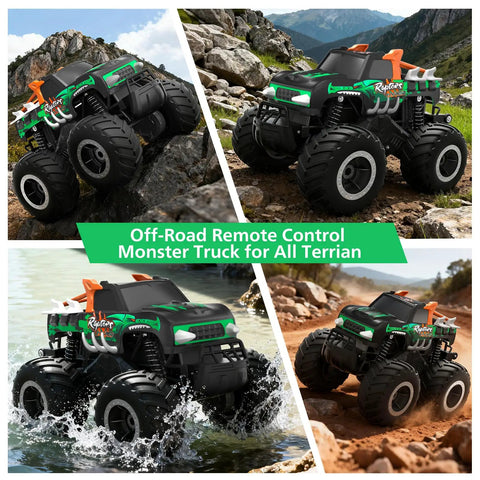 Collage of Remote Control Monster Truck Toy One To Sixteen Scale Waterproof All Terrain RC Car at rocky and watery terrains