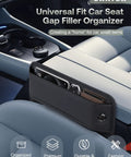 Premium Leather Car Seat Gap Filler Organizer With Flexible Anti Drop Edge And Smart Compartment Design secures phone and wallet between seats.