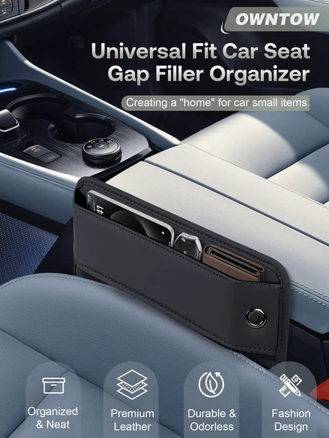Premium Leather Car Seat Gap Filler Organizer With Flexible Anti Drop Edge And Smart Compartment Design secures phone and wallet between seats.