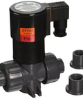 Rock Solid Heavy Duty Half Inch PVC True Union Solenoid Valve With EPDM Seals Corrosion Resistant Polyester Coil, includes two PVC fittings.