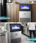 Top Shelf Commercial Ice Maker Delivers A Solid 120 Lbs Daily Output With 33 Lbs Storage Plus Built In Water Filter, shown under counter and freestanding.