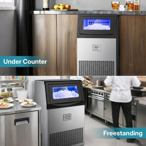 Top Shelf Commercial Ice Maker Delivers A Solid 120 Lbs Daily Output With 33 Lbs Storage Plus Built In Water Filter, shown under counter and freestanding.