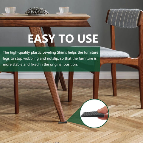 Adjustable Furniture Levelers With Flexible Plastic Wedge Shims That Straight Up Stabilize Wobbly Tables Chairs Bed Frames And Pipes In A Rock Solid Wobble Free 20 Pack Bundle installed under table legs to prevent wobbling.