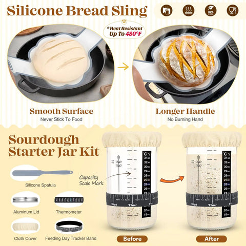 All In One Sourdough Starter Kit For Home Bakers With Round 9 Inch And Oval 10 Inch Proofing Baskets Bread Jar Silicone Spatula Dough Whisk Bread Lame And Blades Blade Cover And Mixing Bowl showing silicone bread sling and starter jar kit