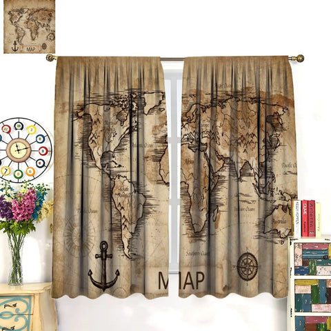 Dope World Map Curtain With Nautical Sailboat Vibe, Vintage Geography Decor, 42x45 inches, hanging in a stylish room