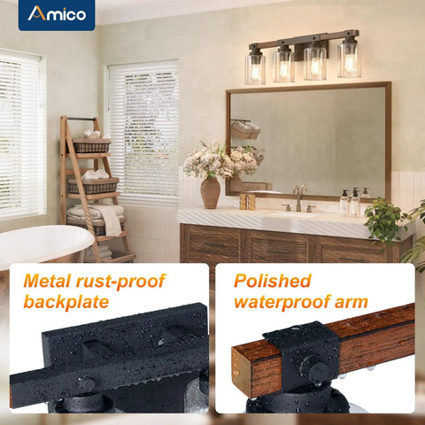 Farmhouse Vanity Lights For Bathroom, Rustic 4 Light Industrial Painted Wood Fixtures, Vintage Black Wall Sconces With Bubble Glass Shades, Cool Retro Vibe Bathroom Lighting With Warm Ambience