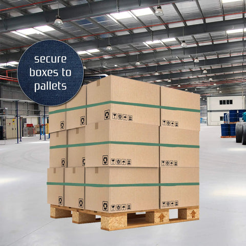 Warehouse with pallet secured using 48 Pack Heavy Duty Mover Bands For Furniture And Moving Blankets Extra Large Rubber Straps Built Tough As Nails