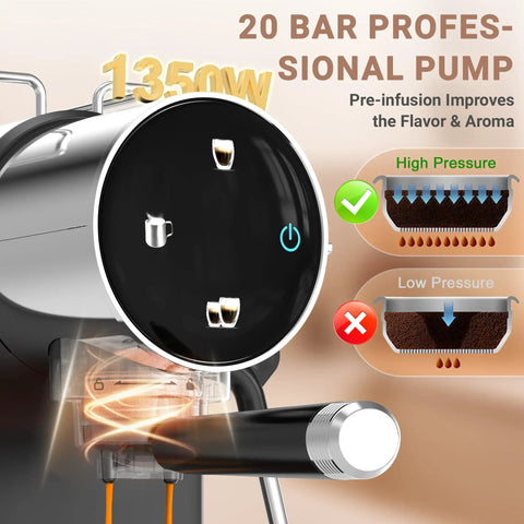 20 bar semi automatic espresso machine touch panel showing brew options and steam wand for barista grade lattes and rich homemade cappuccinos.