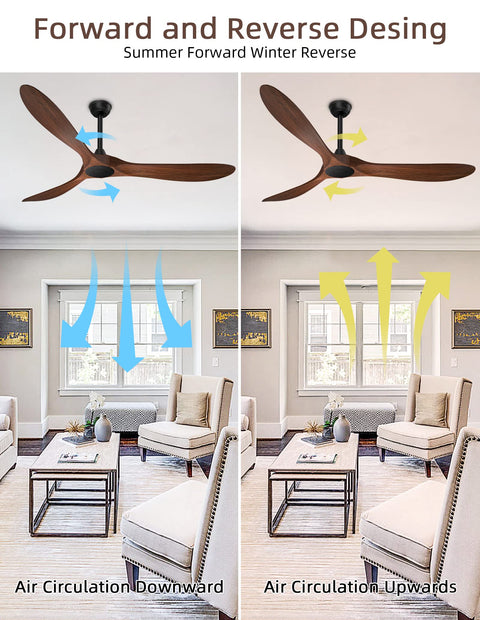 60-Inch Indoor Outdoor Ceiling Fan With Remote Control Noiseless DC Motor 3 Downrods Walnut Look 3 Plastic Blades airflow directions