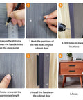 Installation steps for 6 Inch Black Matte Cabinet Handles Set on kitchen cabinets and drawers.
