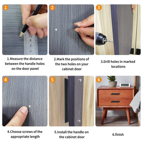 Installation steps for 6 Inch Black Matte Cabinet Handles Set on kitchen cabinets and drawers.