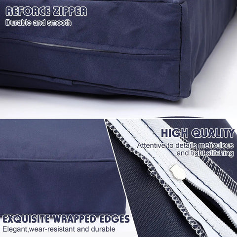 Eight Piece Outdoor Cushion Covers Set With Zippers UV And Water Resistant Dark Blue Patio Slipcovers with close-up of zipper and stitching.