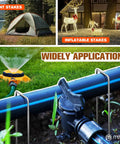 10-Pack 6-Inch Heavy Duty Landscape Staples securing tent, inflatable, and garden hoses in various outdoor settings