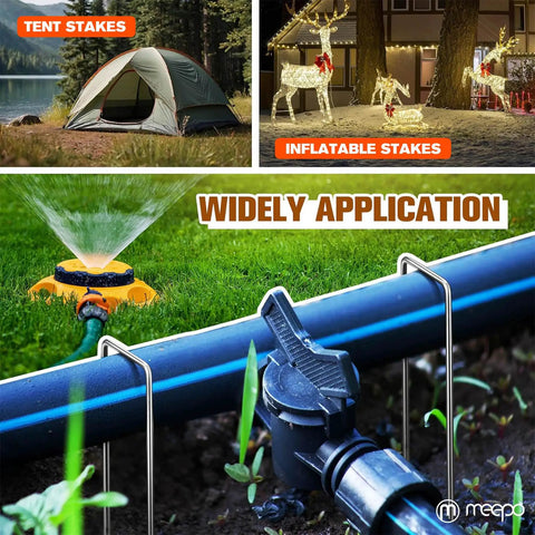 10-Pack 6-Inch Heavy Duty Landscape Staples securing tent, inflatable, and garden hoses in various outdoor settings