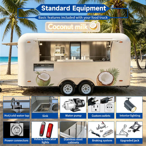 15 Foot White Food Trailer Fully Equipped No Sweat Turnkey Mobile Kitchen With Stainless Prep Area Plug And Play Beverage Station Road Ready Catering Rig Built Tough For Any Local Event with coconut milk signage.