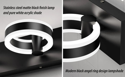 Close-up view of black finish LED vanity light with white acrylic shade for Bold Black 33 Inch LED Vanity Light Four Light Modern Acrylic Wall Sconces With 350 Degree Rotatable Over Mirror For A Bright Even Bath Setup That Makes Getting Ready A Breeze.