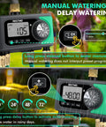 Manual and delay settings on 4 Zone Sprinkler Timer With Brass Inlet And Digital Control, Auto Garden Hose Water Timer.