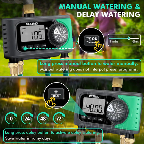 Manual and delay settings on 4 Zone Sprinkler Timer With Brass Inlet And Digital Control, Auto Garden Hose Water Timer.