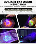 Flat EDC Flashlight Rechargeable With 1800 Lumens RGB And UV Light illuminating objects for quick inspections