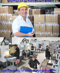 Factory warehouse scene: man in a yellow hard hat and white shirt holding a blue clipboard beside stacked boxes.