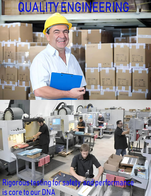Factory warehouse scene: man in a yellow hard hat and white shirt holding a blue clipboard beside stacked boxes.