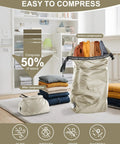Pump Free Vacuum Compression Travel Laundry Bag for Suitcases compressing clothes in living room, highlighting space saving.