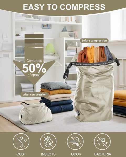 Pump Free Vacuum Compression Travel Laundry Bag for Suitcases compressing clothes in living room, highlighting space saving.