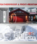 Wireless Universal Garage Door Opener Keypad CMXZDCG440 mounted outside in snowy conditions, showing weatherproof design.