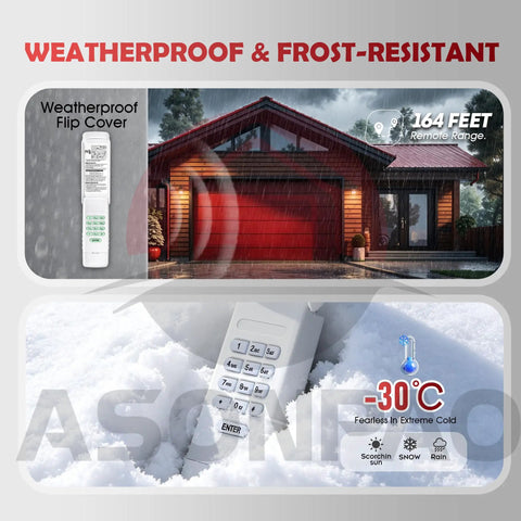 Wireless Universal Garage Door Opener Keypad CMXZDCG440 mounted outside in snowy conditions, showing weatherproof design.