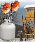 Infrared Propane Heater With Dual Burners For Outdoors, 30,000 BTU Outdoor Patio Heater With Refillable Tank in snowy setting
