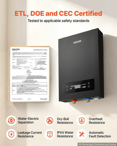 Instant Tankless Electric Water Heater 14 Kilowatt 240 Volt On Demand Hot Water Unit with safety certifications and LED display.