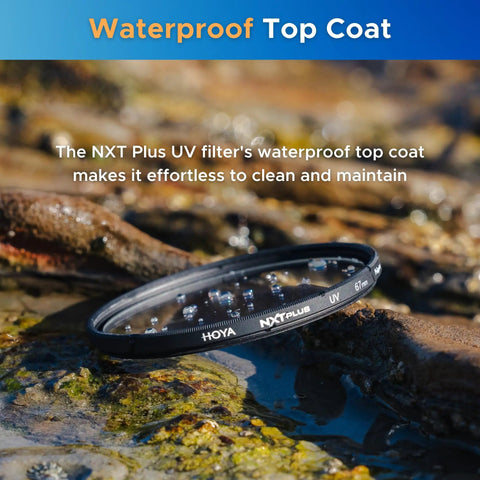 77mm UV Lens Filter With 10 Layer HMC Coating shown on a textured surface, highlighting the waterproof top coat feature.