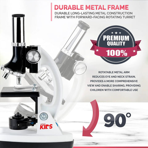Close-up of Kids Beginner Microscope Kit With 1200X Magnification, featuring metal construction and rotating turret, perfect for learning.