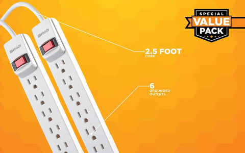 Two Pack Six Outlet Surge Protector With 280J Protection, 2.5 Ft Cord, Built In Circuit Breaker, White, Indoor Use, Ideal For Home Office Electronics, Safely Power Multiple Devices