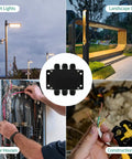 IP67 Waterproof Dustproof Electrical Junction Box With 15A 600V Barrier Terminal Cable Connector, 3 In 3 Out Power Enclosure shown with applications in street and landscape lights, interior houses, and construction sites.