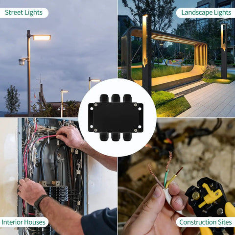 IP67 Waterproof Dustproof Electrical Junction Box With 15A 600V Barrier Terminal Cable Connector, 3 In 3 Out Power Enclosure shown with applications in street and landscape lights, interior houses, and construction sites.