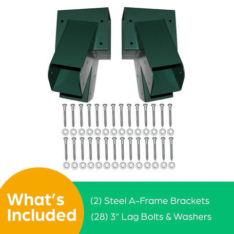 Heavy Duty Steel A Frame Swing Set Brackets Kit With Hardware Two Pack For Outdoor Wooden Swingset Built To Last Premium Quality Solid Welded Joints Easy Install Green Powder Coated Finish Includes Wood Screws And Washers