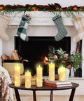 Flickering Flameless Candles With Embedded String Lights, Battery Operated 5 Pack Ivory on coffee table by fireplace
