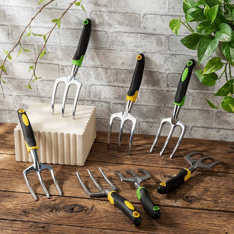 12 Piece Hand Rake Set For Garden Tools Mini Heavy Duty Cultivator 11 Inch Tiller with Handle on wooden surface