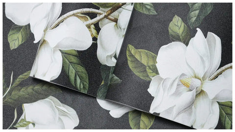 Peel And Stick Gardenia Floral Wallpaper Removable Vinyl Self Adhesive Mural Black White Green 17.7in By 32.8ft Roll Easy Install