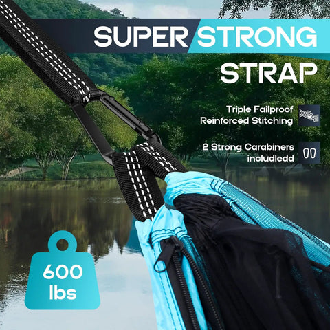 Dope Mosquito Net Camping Hammock Double Or Single Ultra Portable With Two Tree Straps shown with carabiners attached to straps.