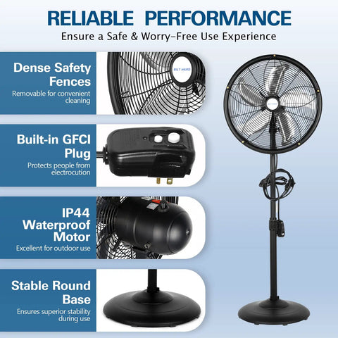 Reliable performance features of 18 Inch Oscillating High Velocity Outdoor Pedestal Misting Fan With 3 Speed Settings, Adjustable Height, 120 Degree Oscillation, Waterproof, UL Listed, Industrial Grade Patio Fan For Outdoors, Black Ready To Crush The Heat