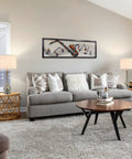 Living room with pair of lit touch table lamps for bedroom and living room, silver metal base with fabric shade, set of 2 on end tables