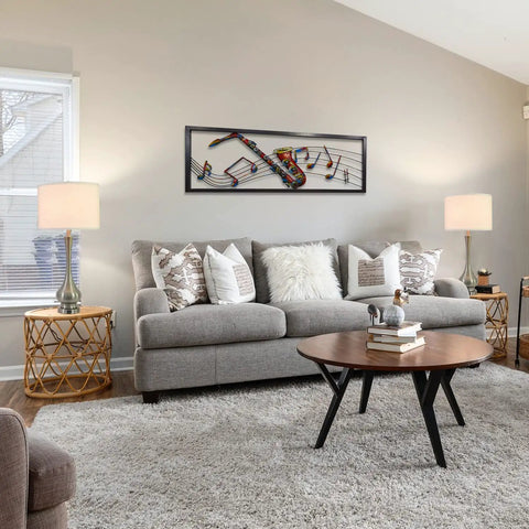Living room with pair of lit touch table lamps for bedroom and living room, silver metal base with fabric shade, set of 2 on end tables