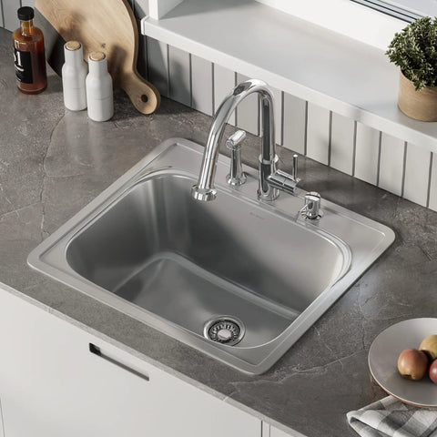 Ouvert 25 By 22 Inch Stainless Steel Kitchen Sink Single Basin Top Mount With Rear Center Drain, faucet and counter view