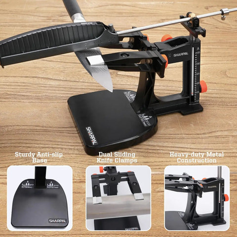 Pro Grade Knife Sharpening System with Adjustable 10 to 35 Degree Angle and a 7 Abrasives Kit shown with sturdy base and clamps