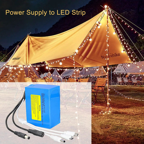 Go-To 12V 5200mAh Rechargeable Lithium Battery Pack With Charger And DC5521 Connector powering LED strip under tent