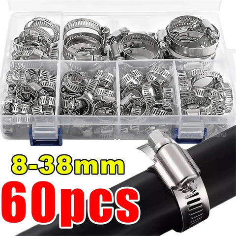 Heavy Duty Stainless Steel Hose Clamps Set With Adjustable Worm Gear Screws For Fuel Lines Pipes And Faucets Durable Assortment Kit To Fix Any Leak Fast, 8-38mm, 60 pcs
